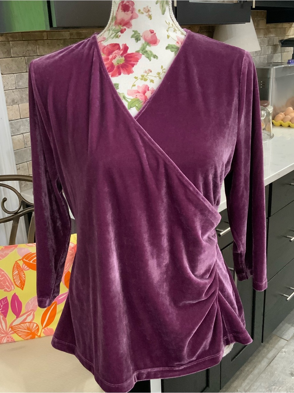 Soft Surroundings Top Petite XL Purple Velvet Wrap Blouse Quiet Luxury Party New